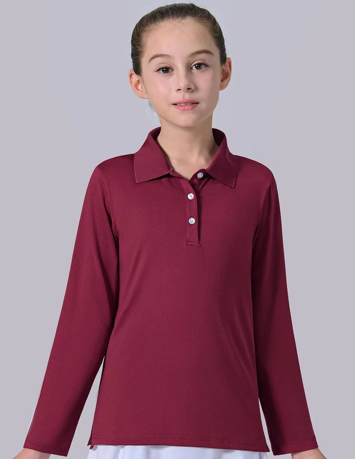 3 Pack Youth Girls' Performance Polo Shirts, Long Sleeve Pique Collared Kids School Uniform Tops