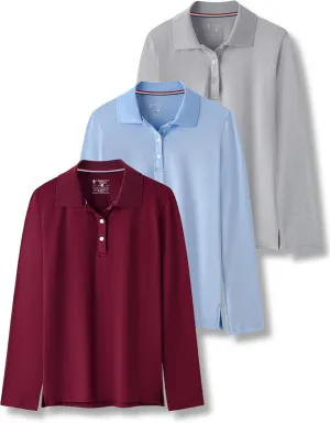 3 Pack Youth Girls' Performance Polo Shirts, Long Sleeve Pique Collared Kids School Uniform Tops