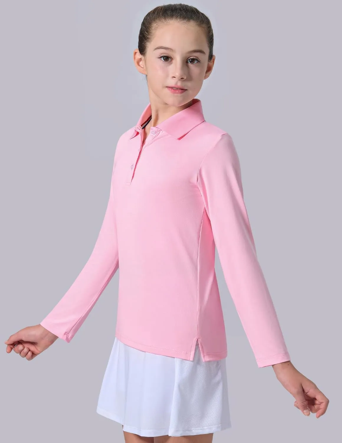 3 Pack Youth Girls' Performance Polo Shirts, Long Sleeve Pique Collared Kids School Uniform Tops