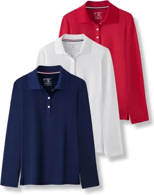 3 Pack Youth Girls' Performance Polo Shirts, Long Sleeve Pique Collared Kids School Uniform Tops