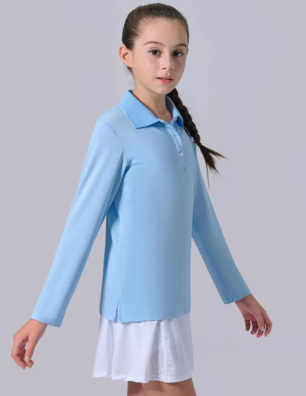 3 Pack Youth Girls' Performance Polo Shirts, Long Sleeve Pique Collared Kids School Uniform Tops