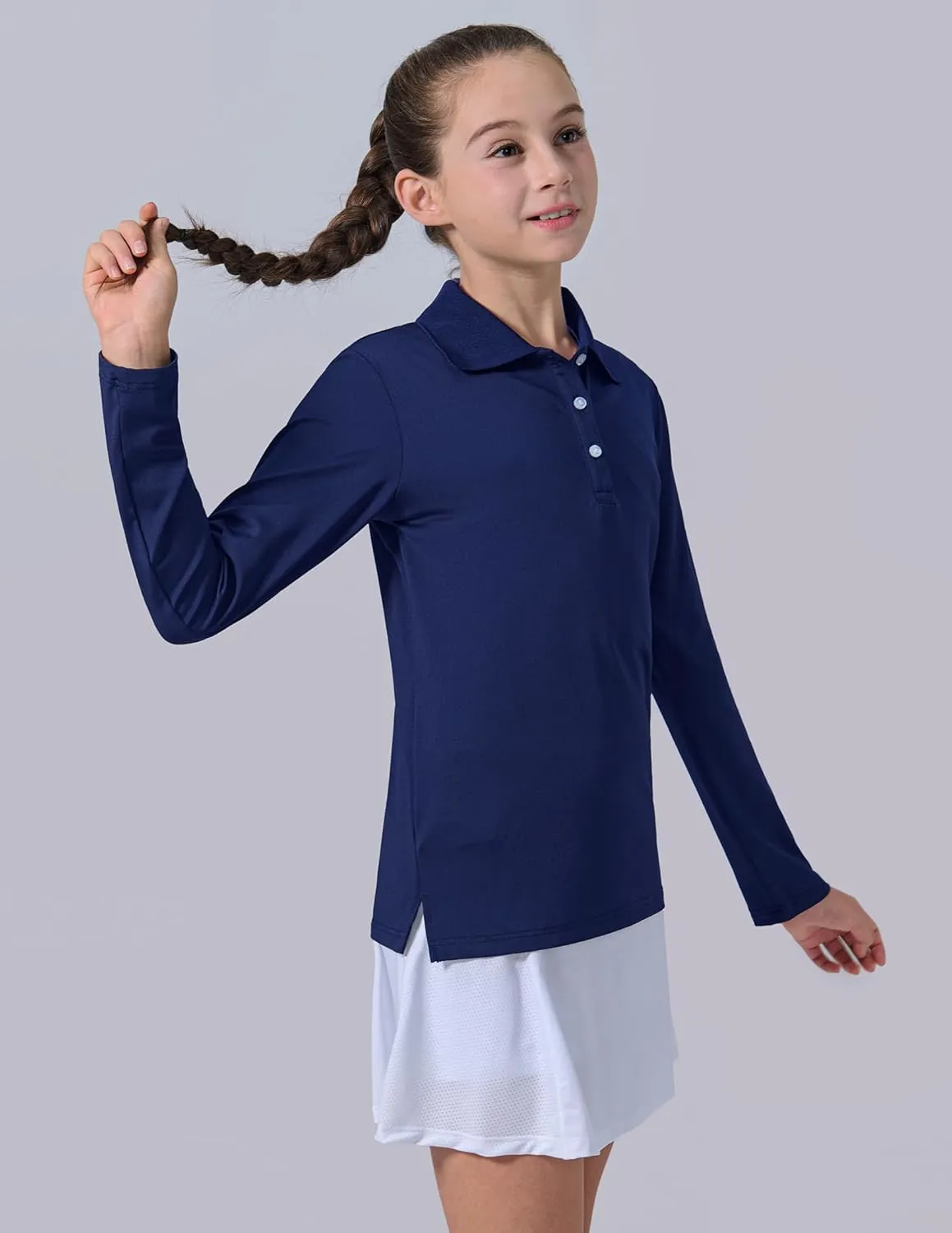 3 Pack Youth Girls' Performance Polo Shirts, Long Sleeve Pique Collared Kids School Uniform Tops