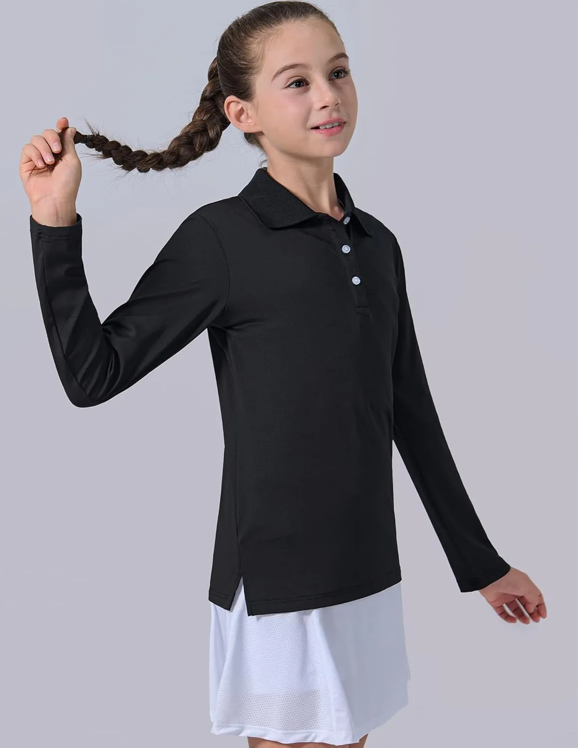 3 Pack Youth Girls' Performance Polo Shirts, Long Sleeve Pique Collared Kids School Uniform Tops