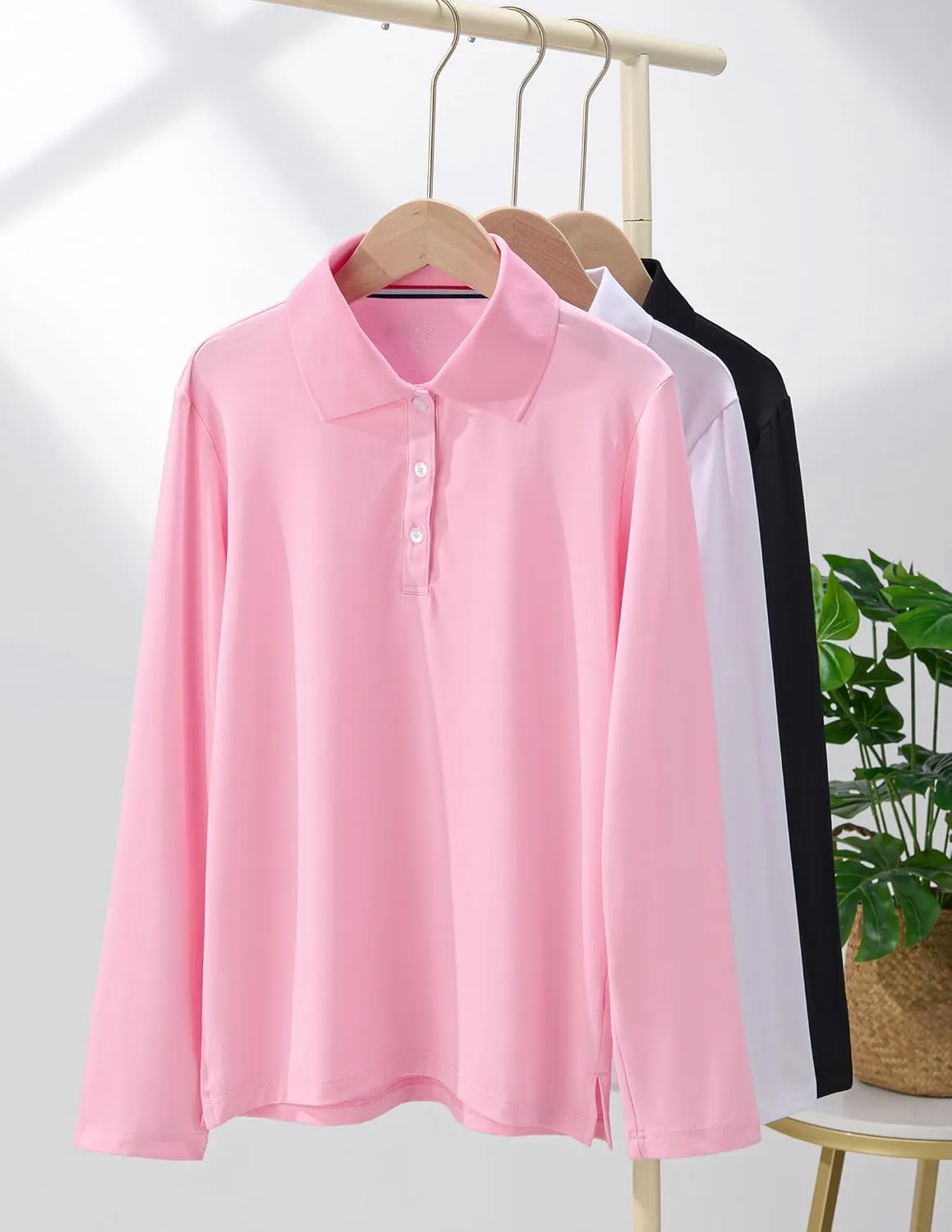 3 Pack Youth Girls' Performance Polo Shirts, Long Sleeve Pique Collared Kids School Uniform Tops