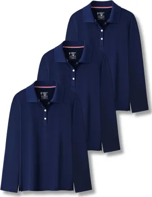3 Pack Youth Girls' Performance Polo Shirts, Long Sleeve Pique Collared Kids School Uniform Tops