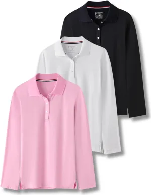 3 Pack Youth Girls' Performance Polo Shirts, Long Sleeve Pique Collared Kids School Uniform Tops