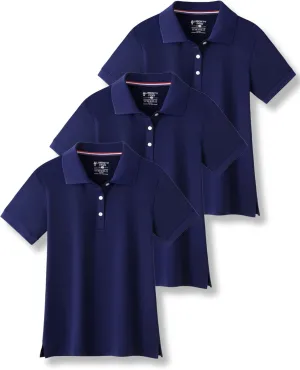 3 Pack Youth Girls' Performance Polo Shirts, Short Sleeve Pique Collared Kids School Uniform Tops