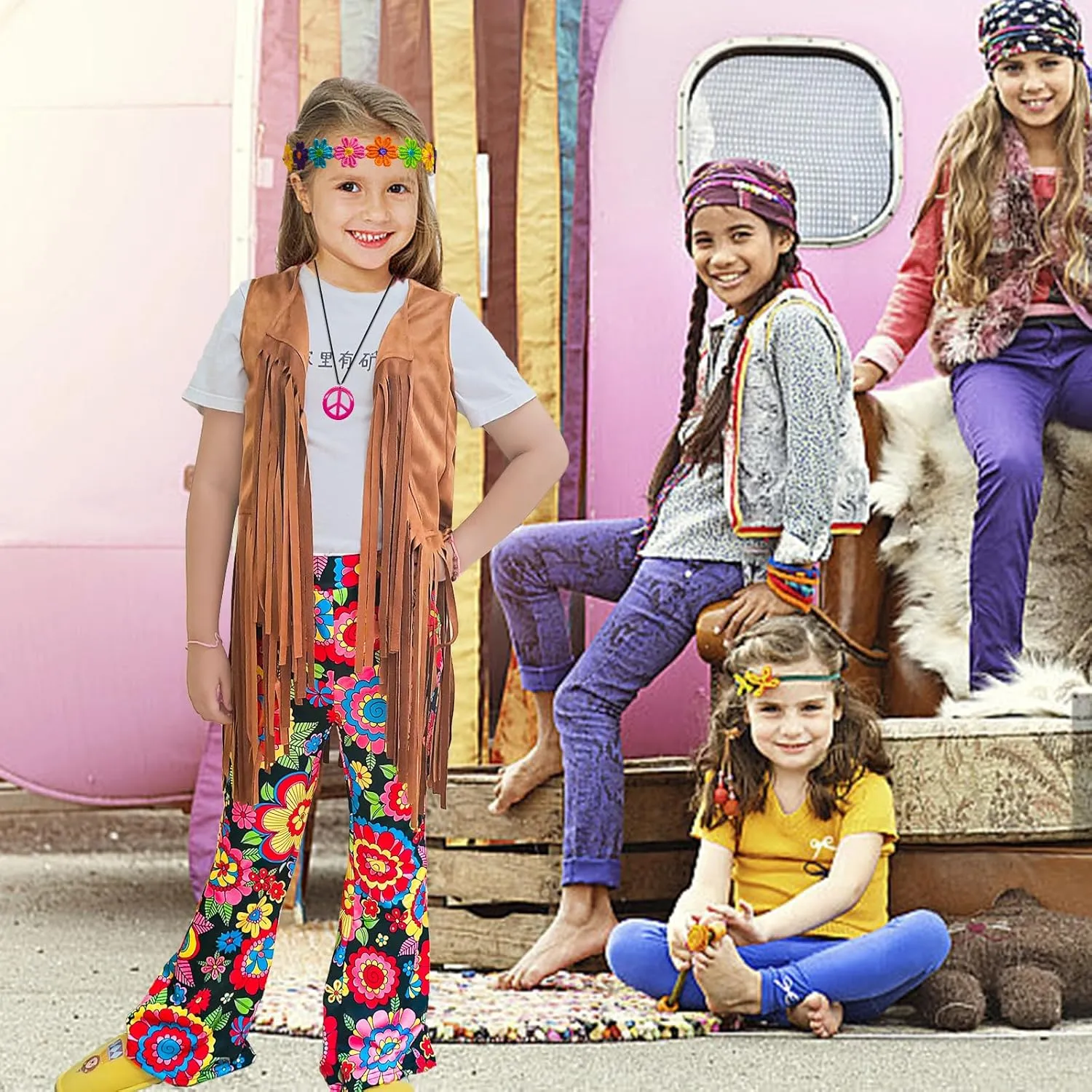 8 Pcs Girls Kids 60s 70s Hippie Costume Disco Outfits Fringe Vest Boho Bell Bottoms Hippie Outfits Accessories Set
