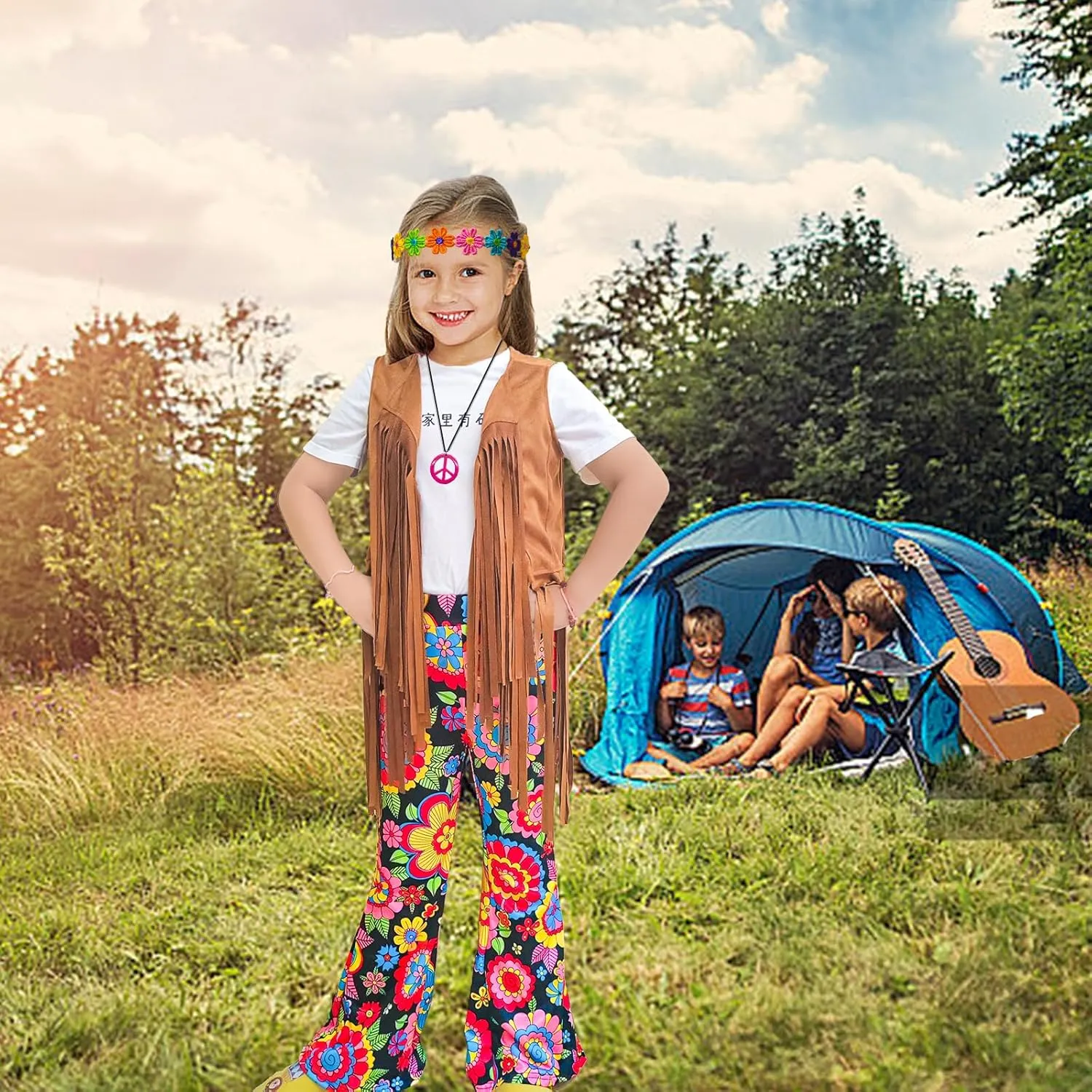 8 Pcs Girls Kids 60s 70s Hippie Costume Disco Outfits Fringe Vest Boho Bell Bottoms Hippie Outfits Accessories Set