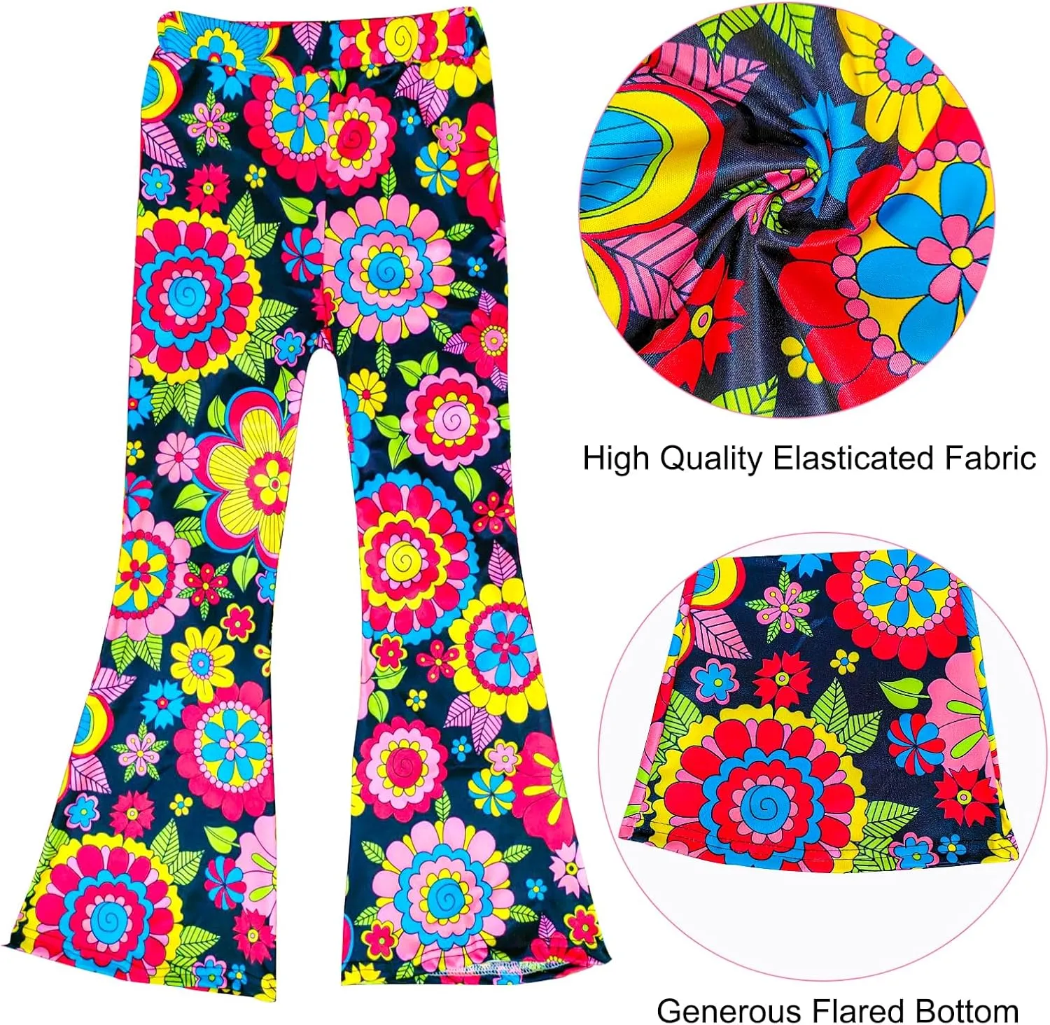 8 Pcs Girls Kids 60s 70s Hippie Costume Disco Outfits Fringe Vest Boho Bell Bottoms Hippie Outfits Accessories Set