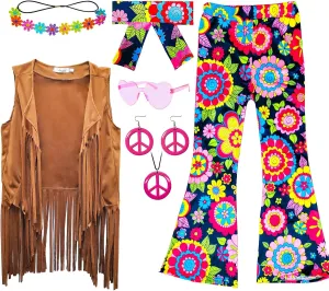 8 Pcs Girls Kids 60s 70s Hippie Costume Disco Outfits Fringe Vest Boho Bell Bottoms Hippie Outfits Accessories Set