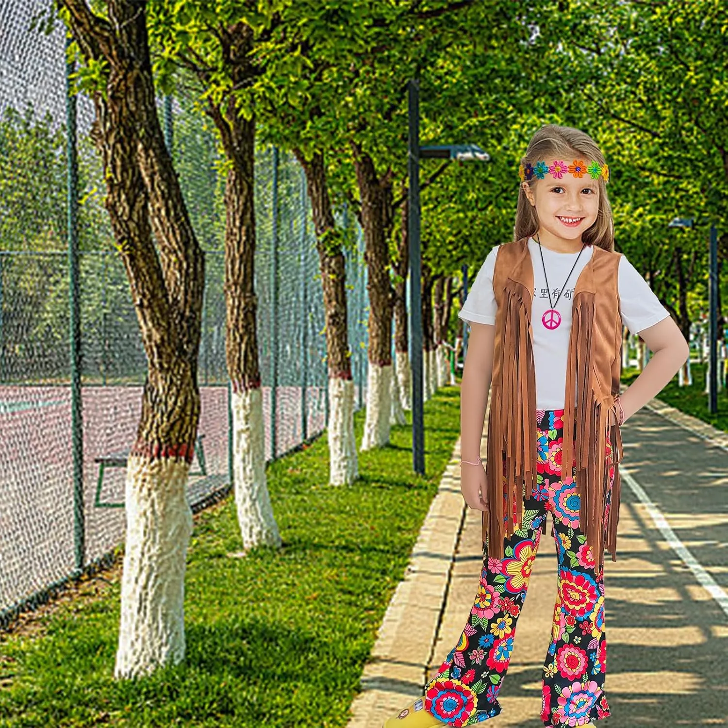 8 Pcs Girls Kids 60s 70s Hippie Costume Disco Outfits Fringe Vest Boho Bell Bottoms Hippie Outfits Accessories Set