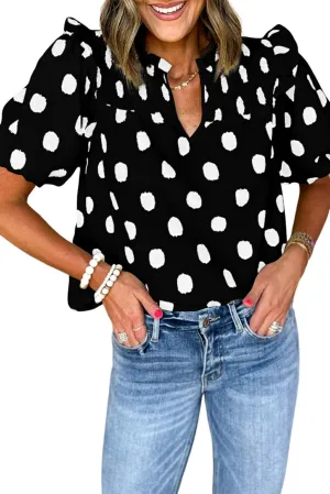 Blouse for Women Apricot Polka Dot Print Shirred Yoke Notched Neck Balloon Sleeve Blouse Summer Top 2025