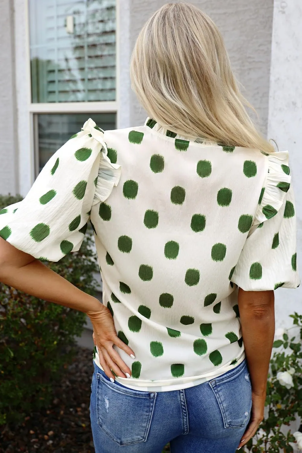 Blouse for Women Apricot Polka Dot Print Shirred Yoke Notched Neck Balloon Sleeve Blouse Summer Top 2025