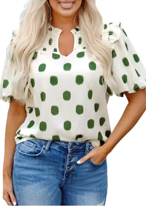 Blouse for Women Apricot Polka Dot Print Shirred Yoke Notched Neck Balloon Sleeve Blouse Summer Top 2025