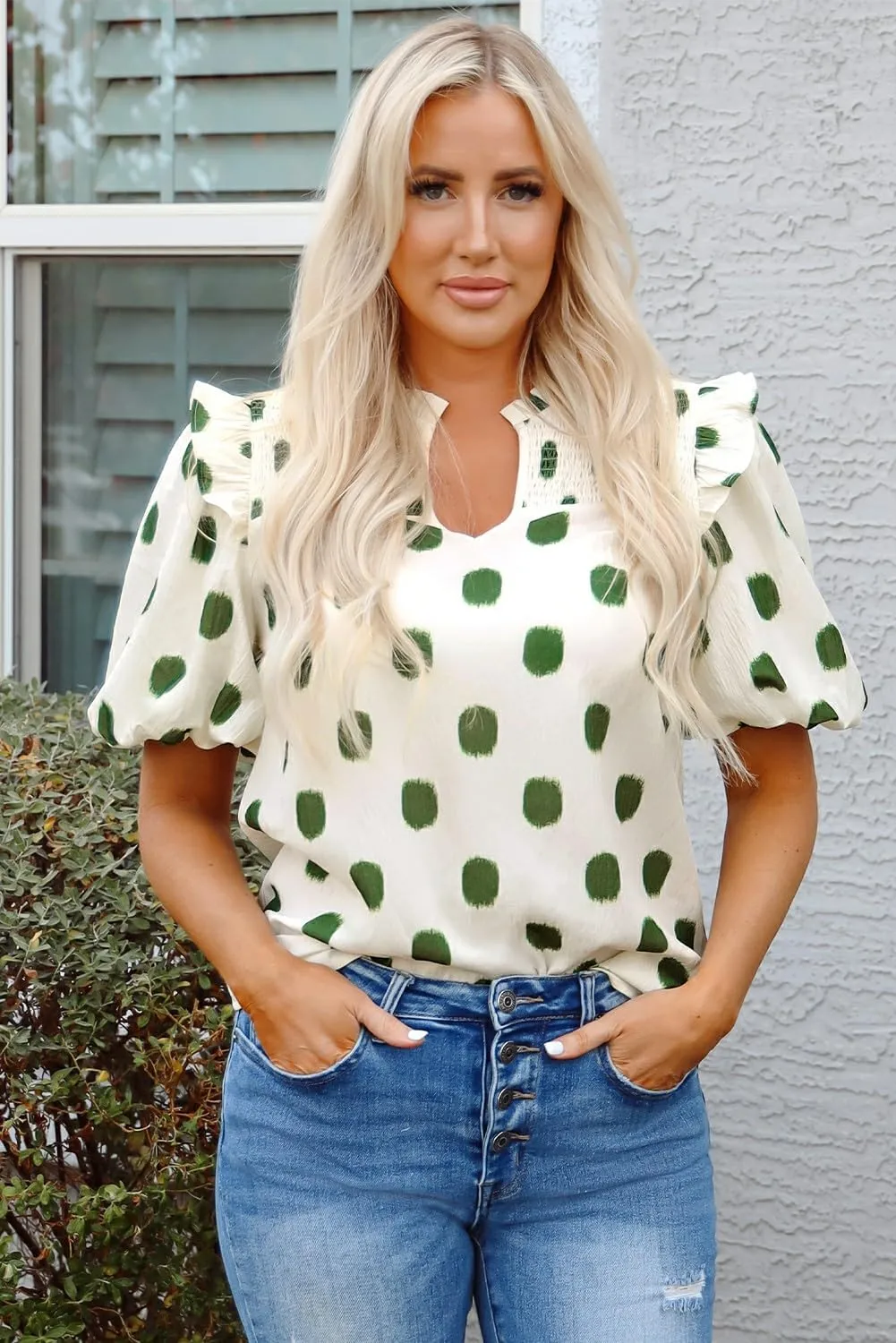 Blouse for Women Apricot Polka Dot Print Shirred Yoke Notched Neck Balloon Sleeve Blouse Summer Top 2025