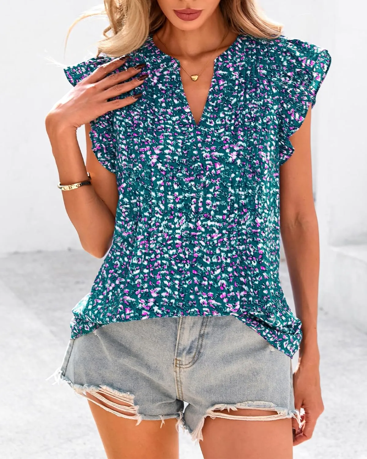 BTFBM Summer Tops for Women 2025 Trendy Cap Sleeve V Neck Floral Dressy Casual Blouse Shirts Cute Tops T Shirts