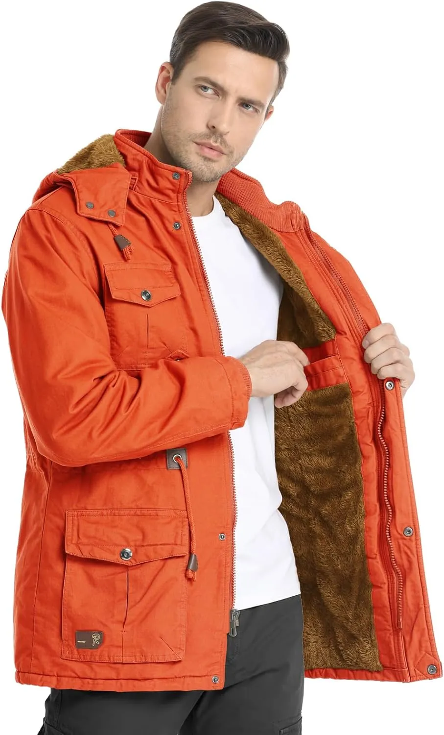 CHEXPEL Men's Thick Winter Jackets with Hood Fleece Lining Cotton Military Jackets Work Coats with Cargo Pockets Outwear