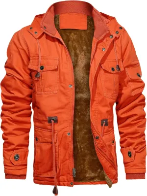 CHEXPEL Men's Thick Winter Jackets with Hood Fleece Lining Cotton Military Jackets Work Coats with Cargo Pockets Outwear