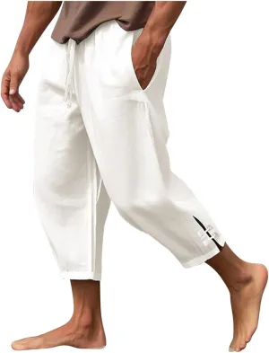 Cotton Linen Pants Men Casual Drawstring Elastic Waist Harem Plus Size Capris Lightweight Yoga Hippie Baggy Trousers