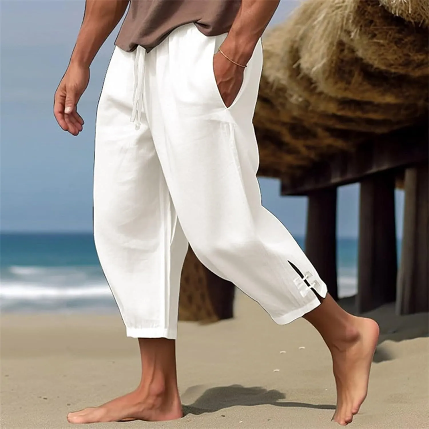 Cotton Linen Pants Men Casual Drawstring Elastic Waist Harem Plus Size Capris Lightweight Yoga Hippie Baggy Trousers