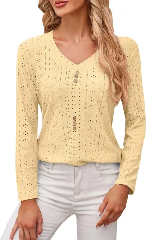 Crop Button Up Shirts for Women Paneled Button Long Sleeve Knit Top Lightweight Slim Basic Knit Tunic Tops Blouse