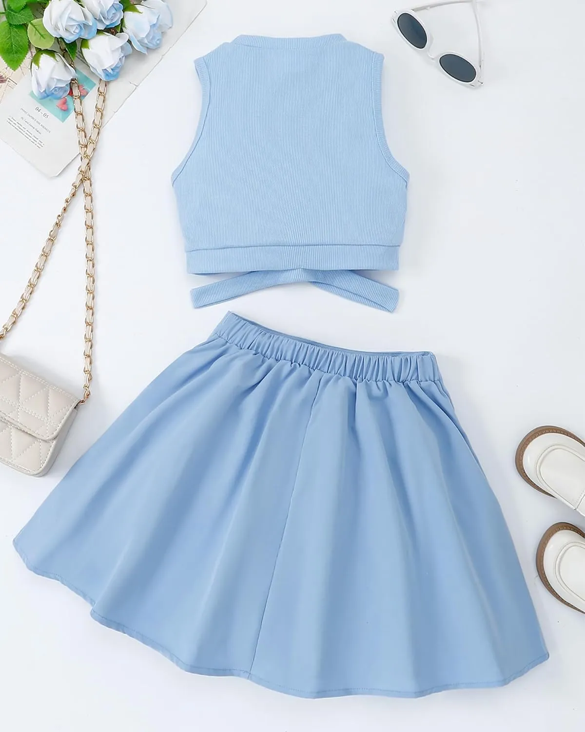 Cute Clothes for Girls Crisscross Crop Tank Top Pleated Skirt Tween Girl Trendy Summer Outfit Kid Clothing Set 7-14