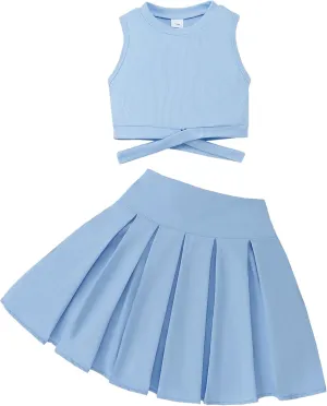 Cute Clothes for Girls Crisscross Crop Tank Top Pleated Skirt Tween Girl Trendy Summer Outfit Kid Clothing Set 7-14