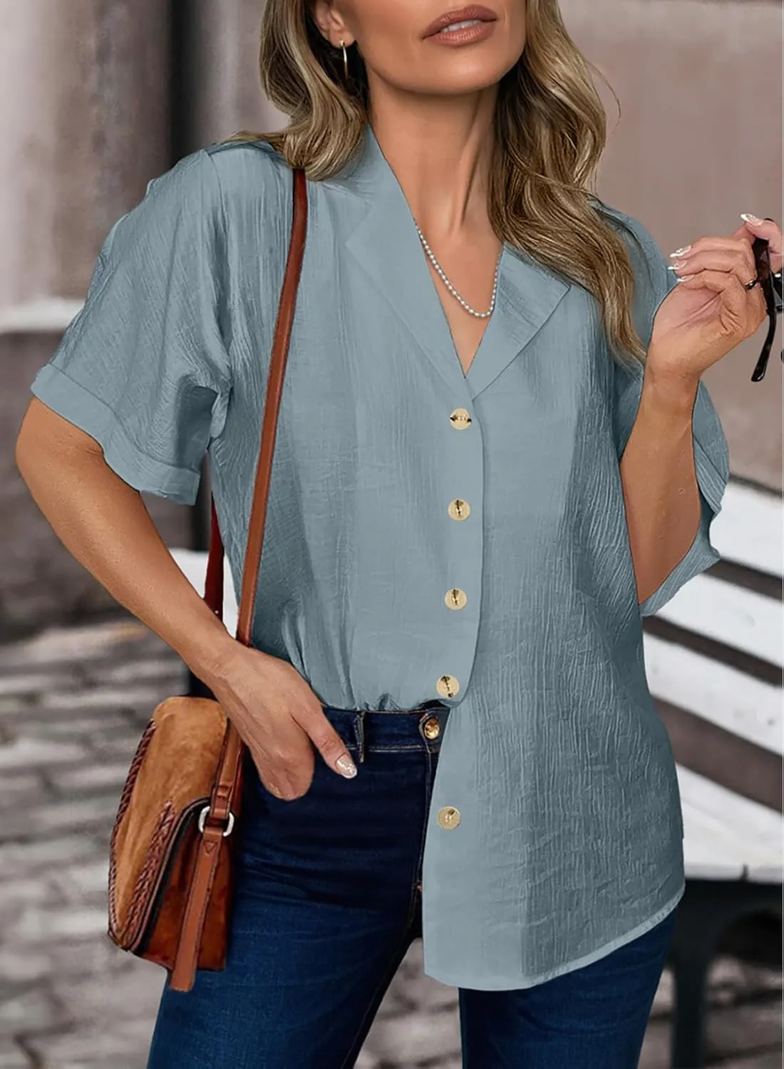 Dokotoo Women's Dressy Casual V Neck Short Sleeve Button Down Shirts Relaxed Work Business Loose Blouses Tops