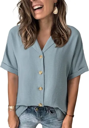 Dokotoo Women's Dressy Casual V Neck Short Sleeve Button Down Shirts Relaxed Work Business Loose Blouses Tops