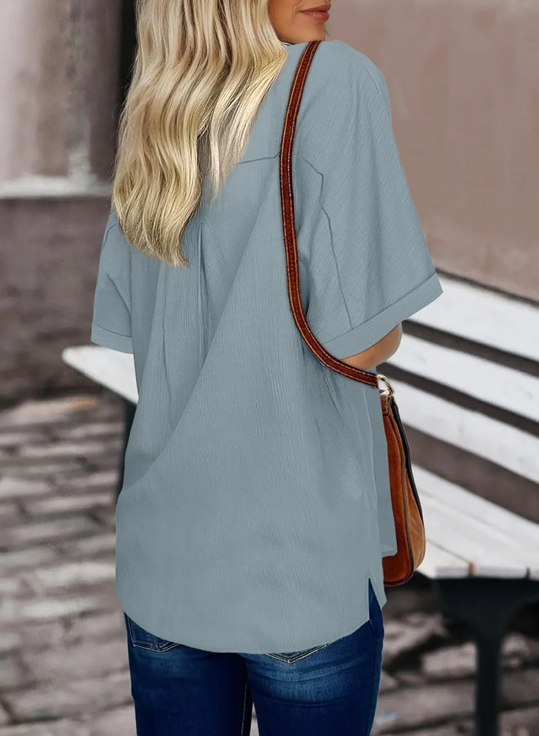 Dokotoo Women's Dressy Casual V Neck Short Sleeve Button Down Shirts Relaxed Work Business Loose Blouses Tops