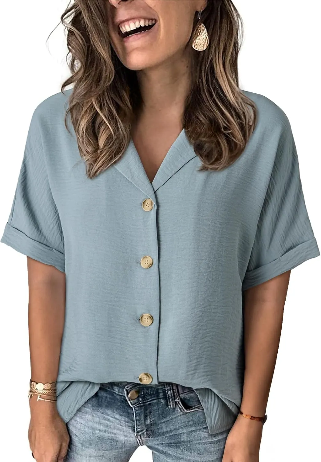 Dokotoo Women's Dressy Casual V Neck Short Sleeve Button Down Shirts Relaxed Work Business Loose Blouses Tops