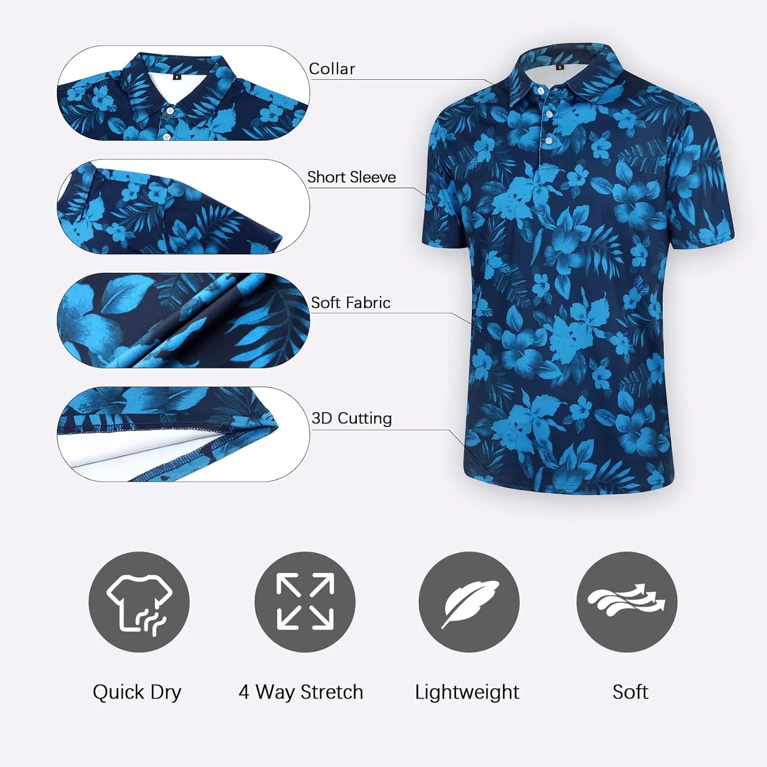 ELETOP Men's Golf Polo Shirts Short Sleeve Moisture Wicking Hawaiian Tropical Polos Performance Golf Shirts for Men Dry Fit