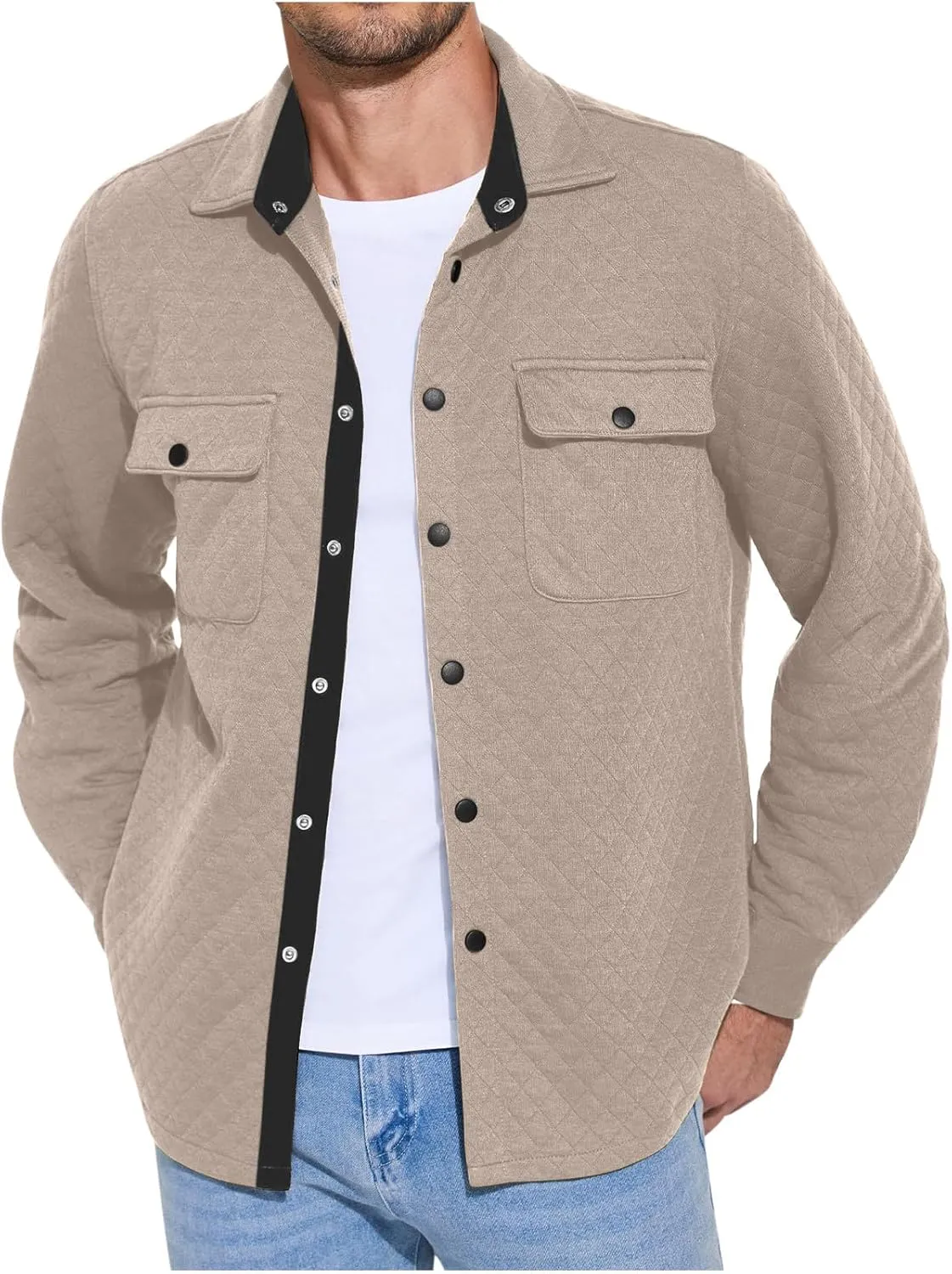 Finelylove Mens Shirt Jacket Lightweight Quilted Snap Shacket Jacket Casual Fashion Bomber Jacket Fall Outwear Coat