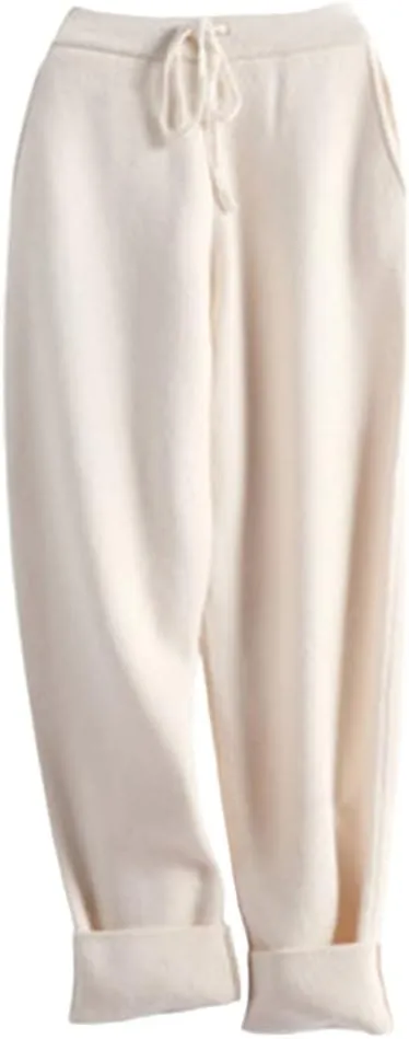 Fulbant Women's Knitted 100% Wool Trousers Casual Knitted Carrot Trousers Solid Color Soft Warm Trousers