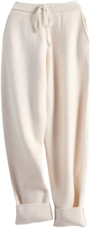 Fulbant Women's Knitted 100% Wool Trousers Casual Knitted Carrot Trousers Solid Color Soft Warm Trousers