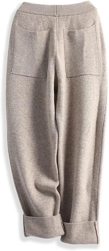 Fulbant Women's Knitted 100% Wool Trousers Casual Knitted Carrot Trousers Solid Color Soft Warm Trousers