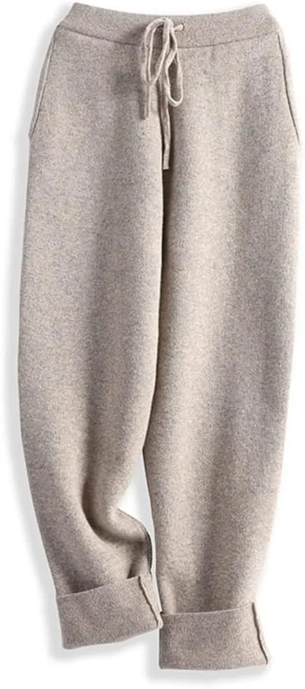 Fulbant Women's Knitted 100% Wool Trousers Casual Knitted Carrot Trousers Solid Color Soft Warm Trousers