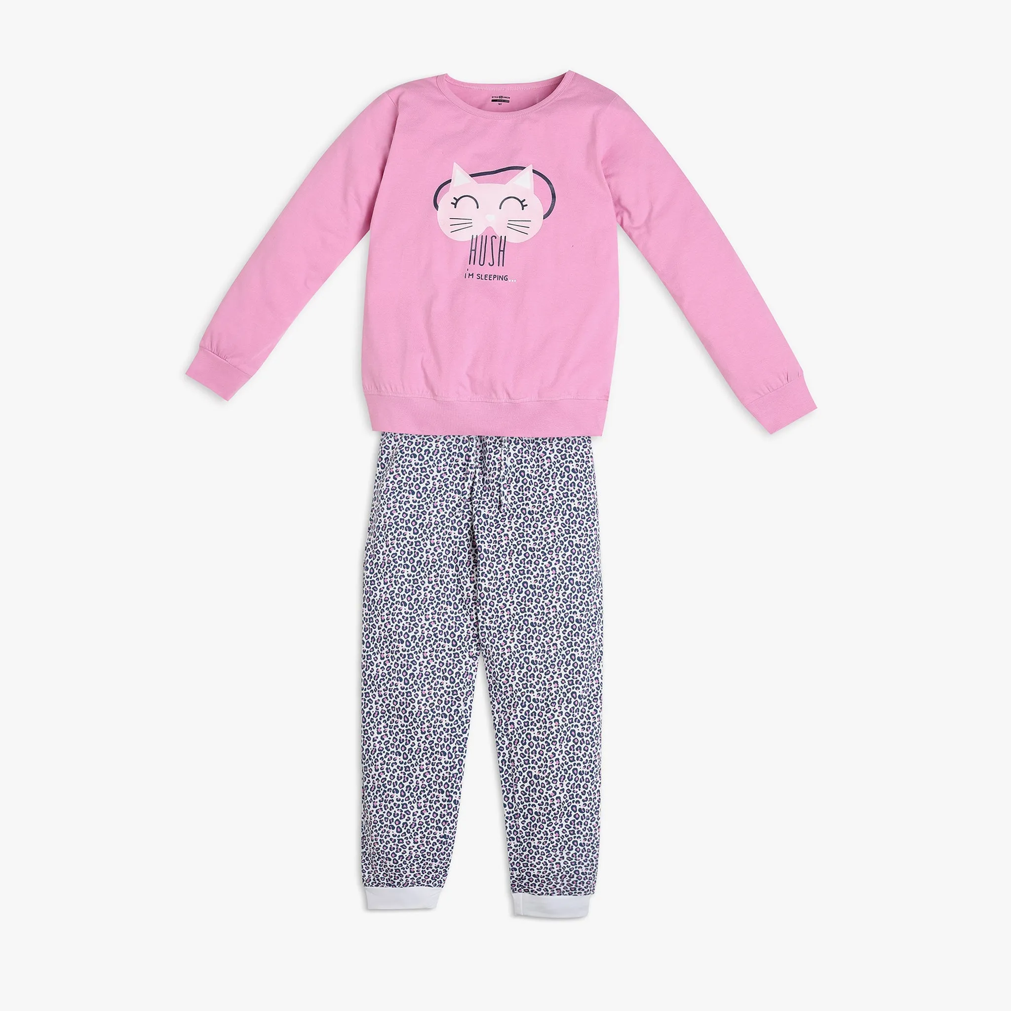 Girl's Regular Fit Graphic T-Shirt with Pyjama Sleepwear Set