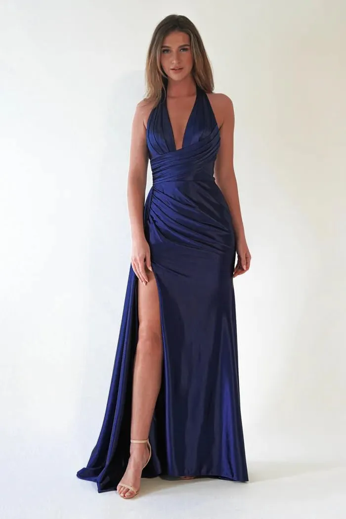GUKARLEED Women's Ruched Satin Prom Dresses Mermaid Halter Formal Dress V Neck Ball Gowns Long Wedding Guest Dress with Slit