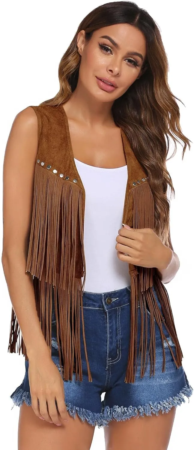 HOTLOOX Womens Fringe Vest 70s Hippie Clothes Sleeveless Faux Suede Tassel Cowgirl Western Outfits S-XXL