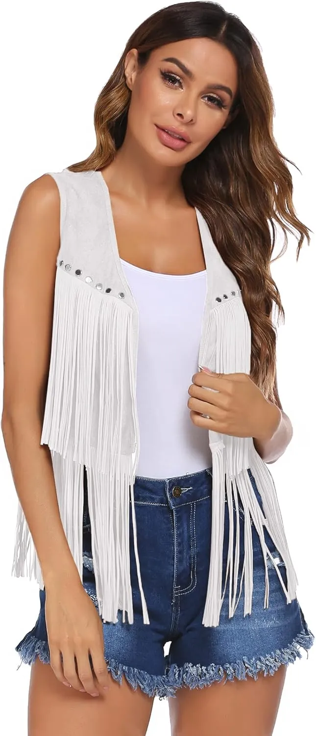 HOTLOOX Womens Fringe Vest 70s Hippie Clothes Sleeveless Faux Suede Tassel Cowgirl Western Outfits S-XXL
