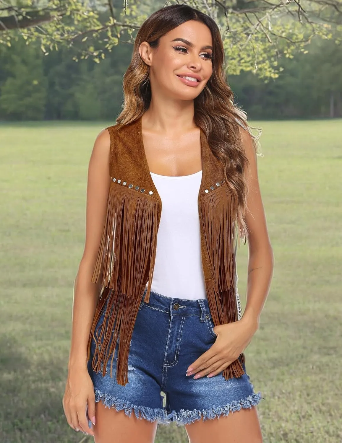 HOTLOOX Womens Fringe Vest 70s Hippie Clothes Sleeveless Faux Suede Tassel Cowgirl Western Outfits S-XXL