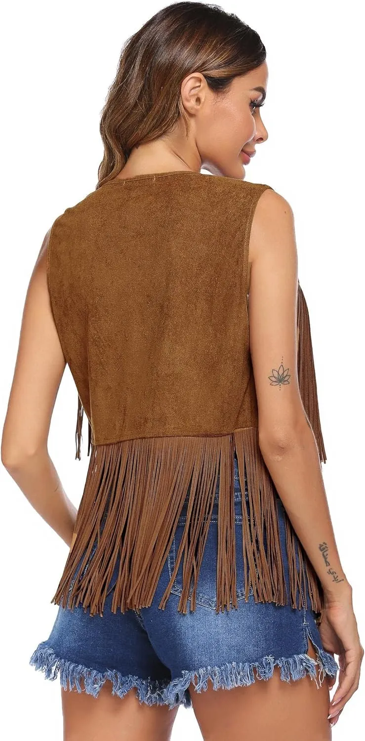 HOTLOOX Womens Fringe Vest 70s Hippie Clothes Sleeveless Faux Suede Tassel Cowgirl Western Outfits S-XXL