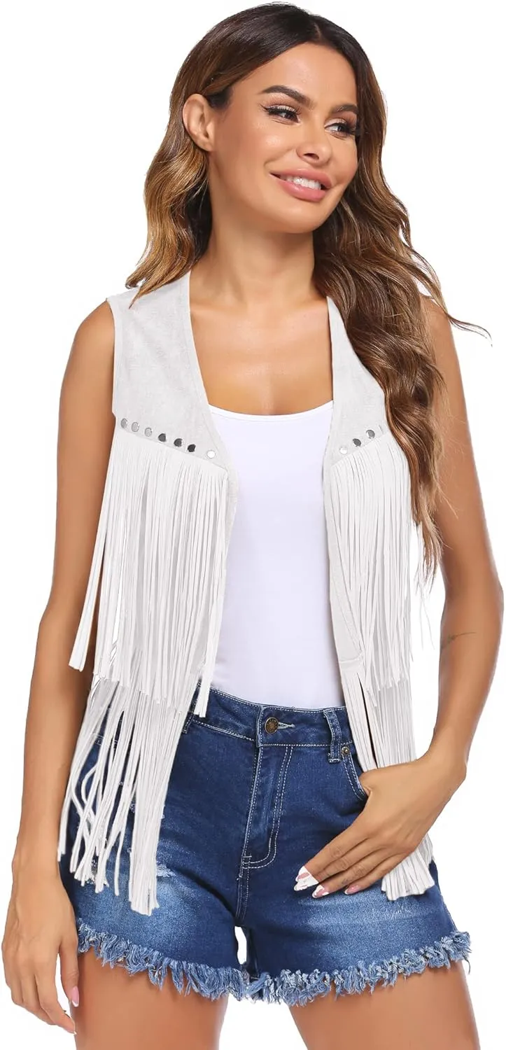 HOTLOOX Womens Fringe Vest 70s Hippie Clothes Sleeveless Faux Suede Tassel Cowgirl Western Outfits S-XXL