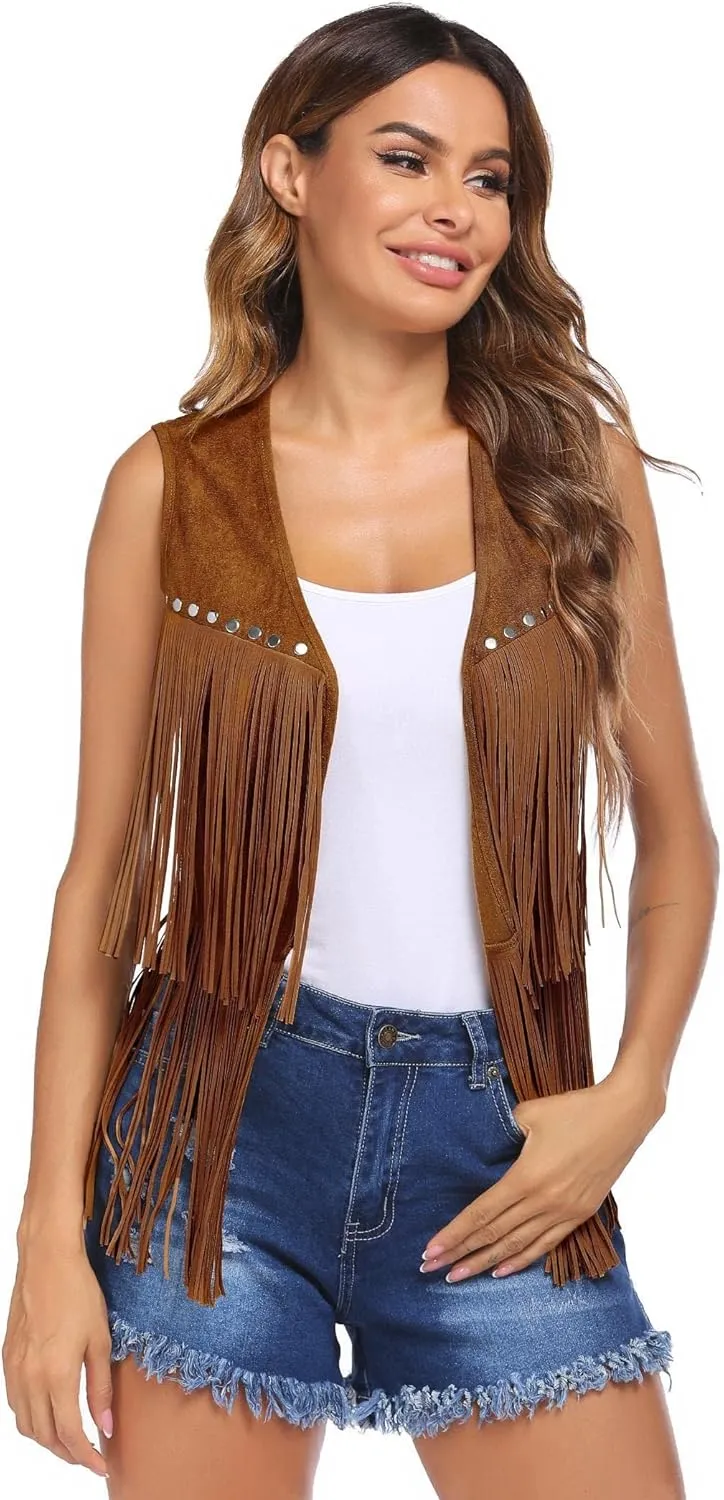 HOTLOOX Womens Fringe Vest 70s Hippie Clothes Sleeveless Faux Suede Tassel Cowgirl Western Outfits S-XXL