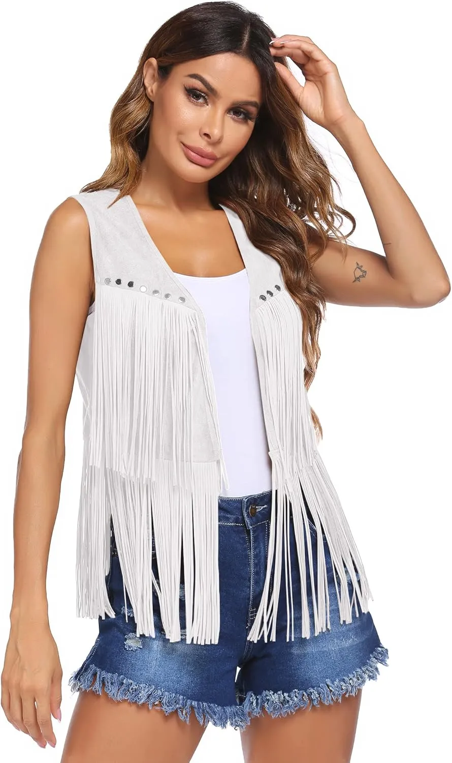 HOTLOOX Womens Fringe Vest 70s Hippie Clothes Sleeveless Faux Suede Tassel Cowgirl Western Outfits S-XXL