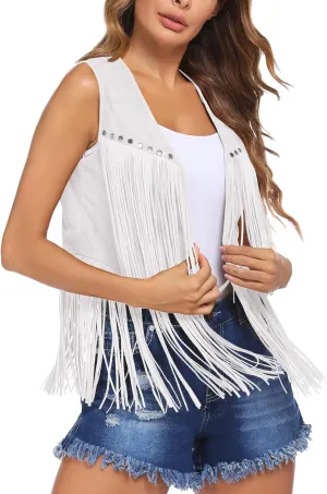 HOTLOOX Womens Fringe Vest 70s Hippie Clothes Sleeveless Faux Suede Tassel Cowgirl Western Outfits S-XXL