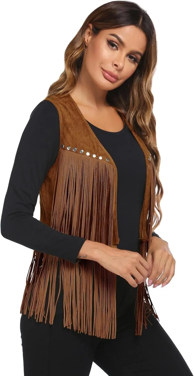 HOTLOOX Womens Fringe Vest 70s Hippie Clothes Sleeveless Faux Suede Tassel Cowgirl Western Outfits S-XXL