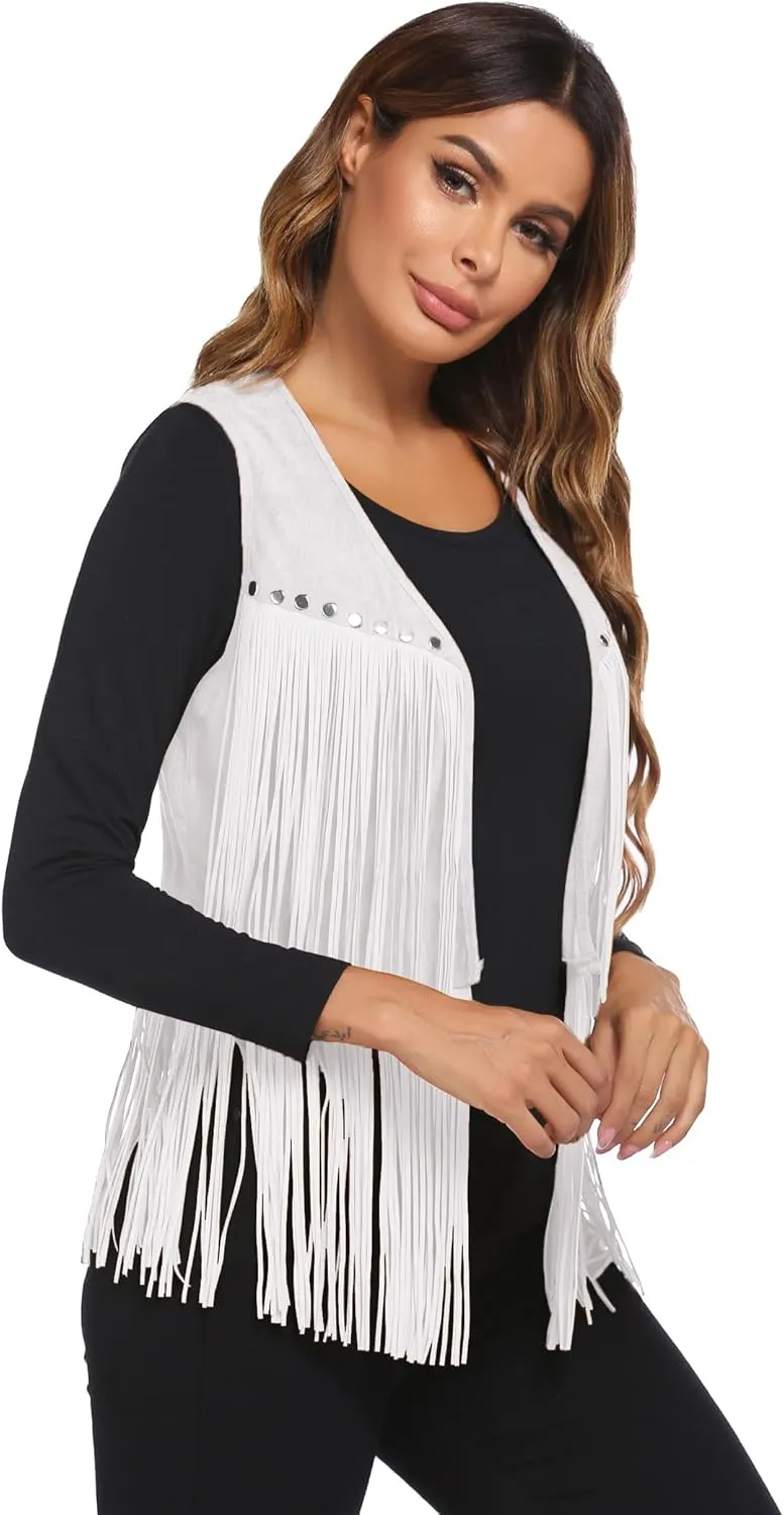 HOTLOOX Womens Fringe Vest 70s Hippie Clothes Sleeveless Faux Suede Tassel Cowgirl Western Outfits S-XXL